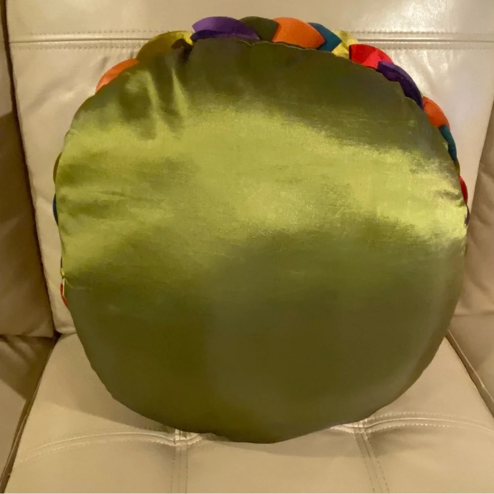 Vintage Handmade Satin Ribbon Rosette Throw Pillow Colorful Petal Design Boho